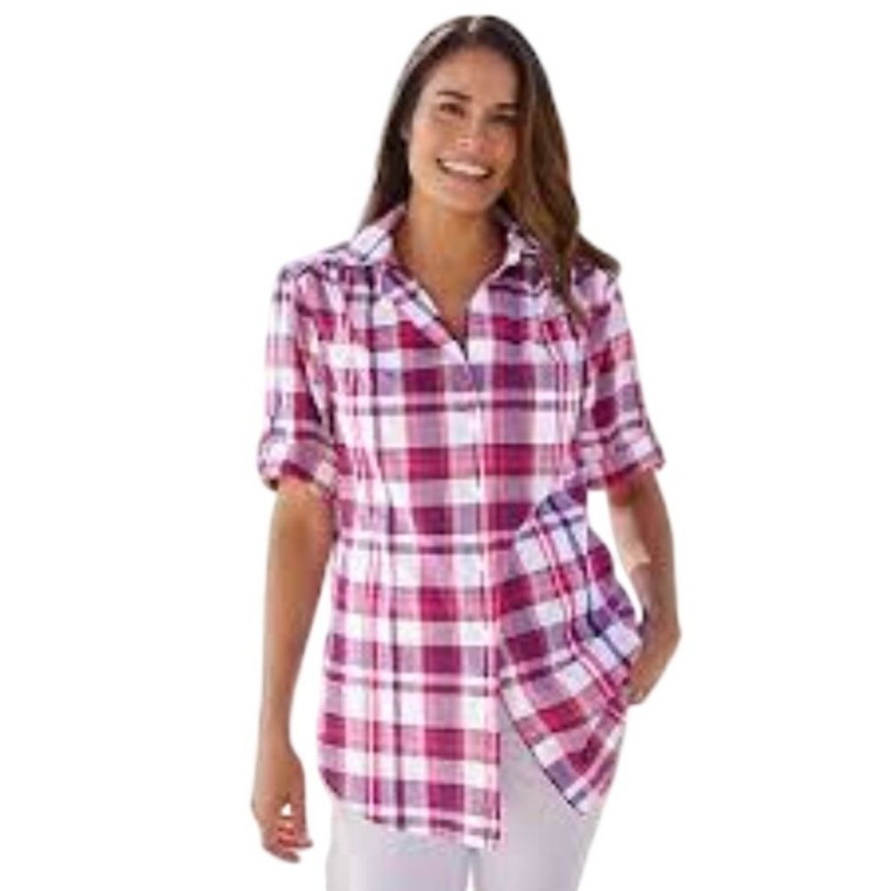 Woman Within Pink Purple Plaid Cotton Short Roll Tab Sleeve Shirt 18/20 L NWOT